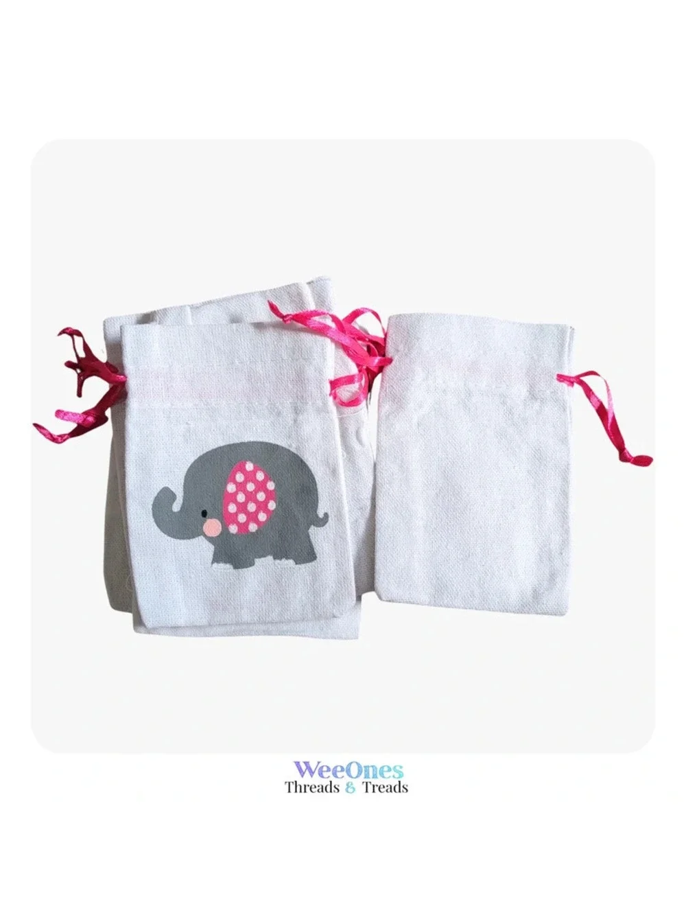 Set of 12 Elephant Drawstring Baby Shower Favor Bags Pink & White Fabric NwoT